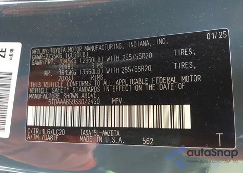 2025 Toyota Grand Highlander Limited from USA, damaged, VIN 5TDAAAB59SS072430